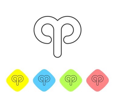 Gri çizgi Aries burç simgesi beyaz arka planda izole edildi. Astrolojik yıldız falı koleksiyonu. Renkli eşkenar dörtgen düğmelerine simgeleri yerleştir. Vektör İllüstrasyonu