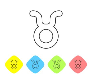 Beyaz arka planda gri çizgi Taurus burç simgesi izole edildi. Astrolojik yıldız falı koleksiyonu. Renkli eşkenar dörtgen düğmelerine simgeleri yerleştir. Vektör İllüstrasyonu