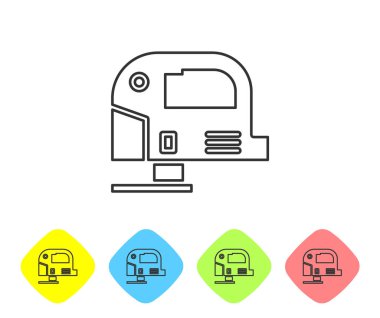 Beyaz zemin üzerinde çelik keskin bıçak ikonu olan gri çizgili elektrikli yapboz. Ahşap işçiliği için elektrikli alet. Renkli eşkenar dörtgen düğmelerine simgeleri yerleştir. Vektör İllüstrasyonu