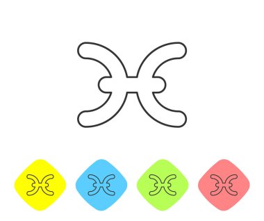 Beyaz arka planda izole edilmiş gri çizgi Balık burcu simgesi. Astrolojik yıldız falı koleksiyonu. Renkli eşkenar dörtgen düğmelerine simgeleri yerleştir. Vektör İllüstrasyonu