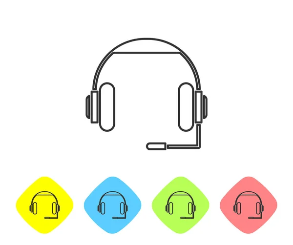 Linha cinza Headphones ícone isolado no fundo branco. Fones de ouvido. Conceito para ouvir música, serviço, comunicação e operador. Definir ícones em botões de losango de cor. Ilustração vetorial —  Vetores de Stock