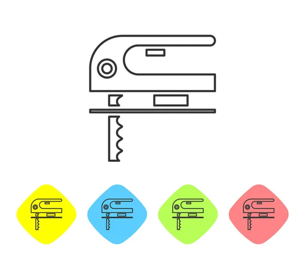 Grijze lijn Elektrische decoupeerzaag met stalen scherp lemmet pictogram geïsoleerd op witte achtergrond. Elektrisch gereedschap voor houtbewerking. Stel pictogrammen in de kleur van de ruit knoppen. Vector Illustratie — Stockvector