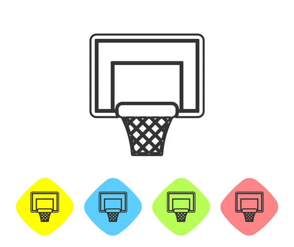 Linha cinza ícone backboard de basquete isolado no fundo branco. Definir ícones em botões de losango de cor. Ilustração vetorial — Vetor de Stock