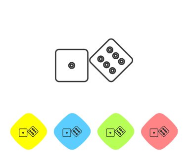 Gri çizgi oyun zar simgesi beyaz arkaplanda izole edildi. Kumarhane kumarı. Renkli eşkenar dörtgen düğmelerine simgeleri yerleştir. Vektör İllüstrasyonu
