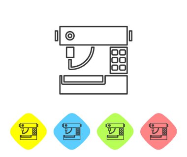 Gri çizgi dikiş makinesi simgesi beyaz arkaplanda izole edildi. Renkli eşkenar dörtgen düğmelerine simgeleri yerleştir. Vektör İllüstrasyonu