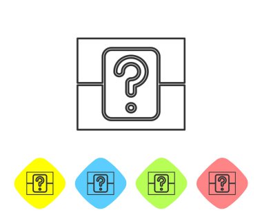 Beyaz arkaplanda izole edilmiş oyun ikonu için gri çizgi gizemli kutu veya rastgele ganimet kutusu. Soru kutusu. Renkli eşkenar dörtgen düğmelerine simgeleri yerleştir. Vektör İllüstrasyonu