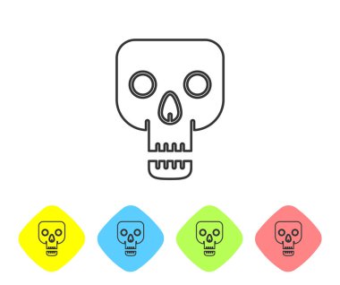 Beyaz arka planda gri çizgi Skull simgesi izole edildi. Mutlu Cadılar Bayramı Partisi. Renkli eşkenar dörtgen düğmelerine simgeleri yerleştir. Vektör İllüstrasyonu