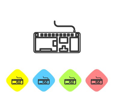 Gri çizgi bilgisayar klavye simgesi beyaz arkaplanda izole edildi. Bilgisayar bileşeni işareti. Renkli eşkenar dörtgen düğmelerine simgeleri yerleştir. Vektör İllüstrasyonu