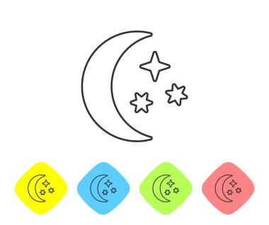 Gri çizgi Ay ve yıldızlar simgesi beyaz arka planda yalıtılmış. Renk eşkenar dörtgen düğmelerinde simgeleri ayarlayın. Vektör İllüstrasyonu