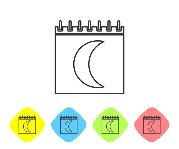 Línea gris Fases lunares icono del calendario aislado sobre fondo blanco. Establecer iconos en los botones de rombo de color. Ilustración vectorial — Archivo Imágenes Vectoriales
