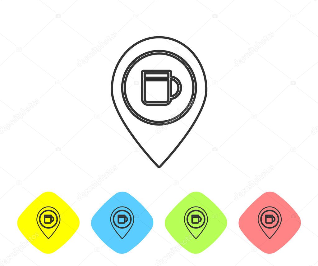 Grey line Alcohol or beer bar location icon isolated on white background. Symbol of drinking, pub, club, bar. Set icons in color rhombus buttons. Vector Illustration