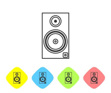 Gri çizgi Stereo hoparlör simgesi beyaz arkaplanda izole edildi. Ses sistemi hoparlörleri. Müzik ikonu. Müzikal sütun hoparlörü. Renkli eşkenar dörtgen düğmelerine simgeleri yerleştir. Vektör İllüstrasyonu