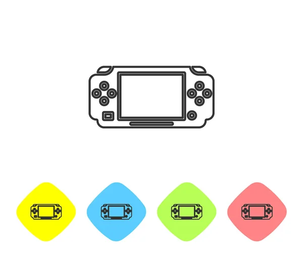 Иконка игровой приставки Grey line Portable изолирована на белом фоне. Знак Геймпада. Концепция игры. Поставьте пуговицы из цветного ромба. Векторная миграция — стоковый вектор