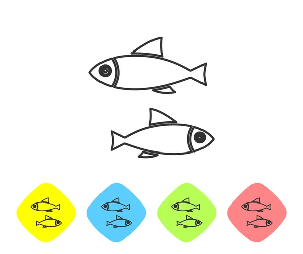Graue Linie Fisch Symbol isoliert auf weißem Hintergrund. setzen Sie Symbole in farbigen Rautenknöpfen. Vektorillustration — Stockvektor