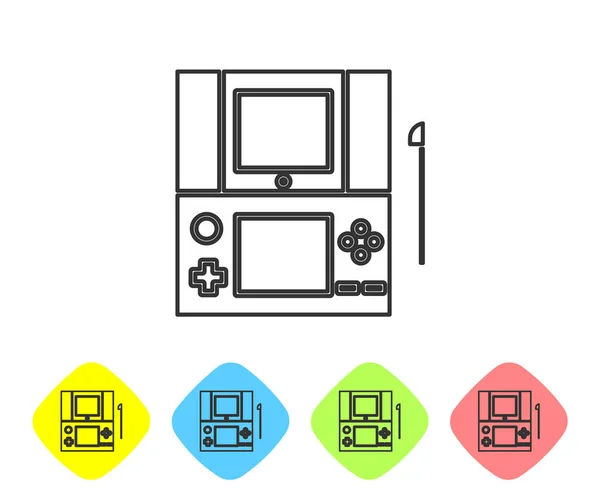 Grey line Přenosné video herní konzole ikona izolované na bílém pozadí. Znamení Gamepad. Herní koncept. Nastavit ikony v barevných kosočtvercových tlačítcích. Vektorová ilustrace — Stockový vektor