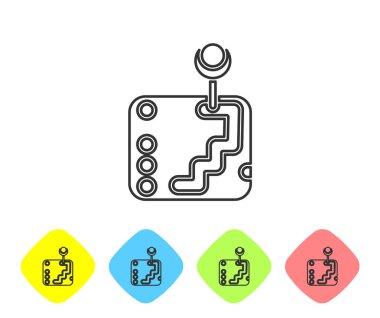 Gri çizgi vites değiştiren simgesi beyaz arkaplanda izole edildi. İletişim simgesi. Renkli eşkenar dörtgen düğmelerine simgeleri yerleştir. Vektör İllüstrasyonu
