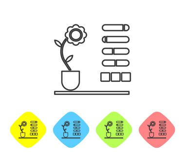 Gri çizgi çiçek durumu simgesi beyaz arkaplanda izole edildi. Renkli eşkenar dörtgen düğmelerine simgeleri yerleştir. Vektör İllüstrasyonu