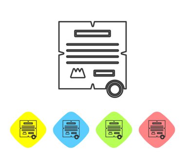 Gri çizgi kararnamesi, kağıt, parşömen, parşömen simgesi beyaz arkaplanda izole edilmiş. Renkli eşkenar dörtgen düğmelerine simgeleri yerleştir. Vektör İllüstrasyonu