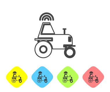 Beyaz arka planda izole edilmiş akıllı bir çiftlik ikonu üzerinde kablosuz traktör kullanan gri çizgi. Akıllı tarım elementi uygular. Renkli eşkenar dörtgen düğmelerine simgeleri yerleştir. Vektör İllüstrasyonu