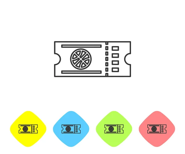 Szürke vonal Kosárlabda játék jegy ikon elszigetelt fehér háttér. Állítsa ikonok színes rombusz gombok. Vektorillusztráció — Stock Vector