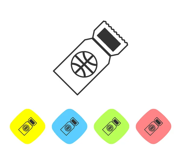 Línea gris ícono del boleto del juego de baloncesto aislado sobre fondo blanco. Establecer iconos en los botones de rombo de color. Ilustración vectorial — Vector de stock