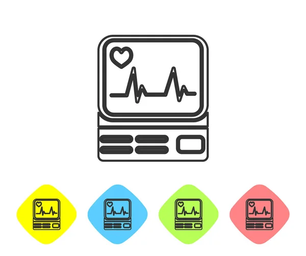Szary monitor komputerowy z ikoną kardiogramu na białym tle. Ikona monitoringu. Monitor EKG z narysowanym biciem serca. Zestaw ikon w kolorach romb przycisków. Ilustracja wektora — Wektor stockowy