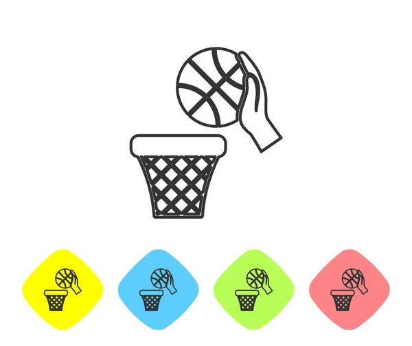 Сіра лінія Рука з баскетбольним м'ячем і значком кошика ізольовані на білому тлі. М'яч у баскетбольному кільці. Встановити піктограми за допомогою кнопок кольорового ромба. Векторна ілюстрація — стоковий вектор