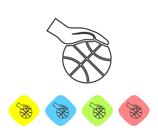 Grijze lijn Hand met basketbal pictogram geïsoleerd op witte achtergrond. Sport symbool. Stel pictogrammen in de kleur van de ruit knoppen. Vector Illustratie — Stockvector