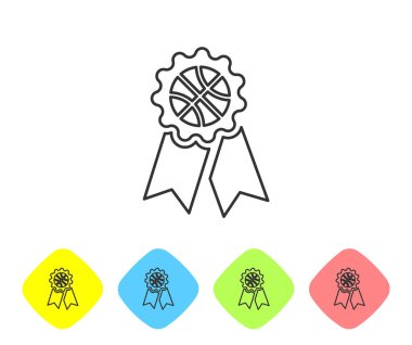 Gri çizgi basketbol ödülü ikonu beyaz arka planda izole edildi. Renkli eşkenar dörtgen düğmelerine simgeleri yerleştir. Vektör İllüstrasyonu