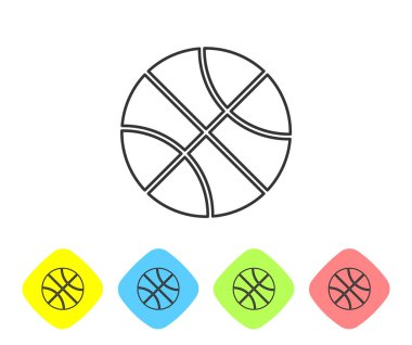 Gri çizgi basketbol topu ikonu beyaz arka planda izole edildi. Spor sembolü. Renkli eşkenar dörtgen düğmelerine simgeleri yerleştir. Vektör İllüstrasyonu