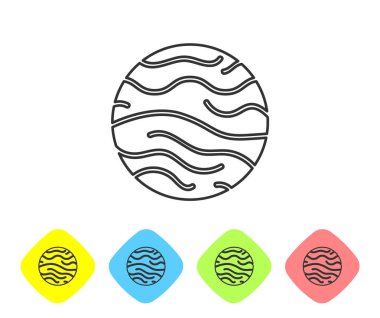 Beyaz arka planda izole edilmiş gri çizgi gezegen Venüs ikonu. Renkli eşkenar dörtgen düğmelerine simgeleri yerleştir. Vektör İllüstrasyonu