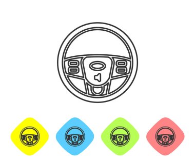 Gri çizgi direksiyon simgesi beyaz arka planda izole edildi. Araba tekeri ikonu. Renkli eşkenar dörtgen düğmelerine simgeleri yerleştir. Vektör İllüstrasyonu