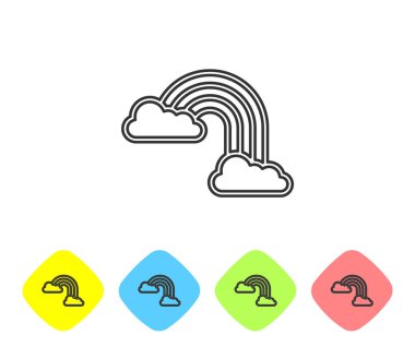 Beyaz arka planda bulutlu gökkuşağı gri çizgisi. Renkli eşkenar dörtgen düğmelerine simgeleri yerleştir. Vektör İllüstrasyonu