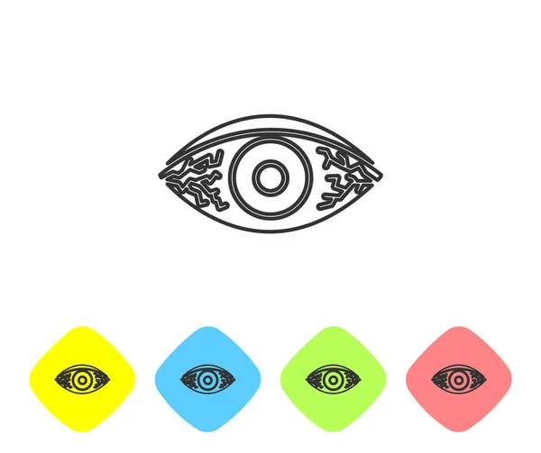 Graue Linie rötliches Auge aufgrund viraler, bakterieller oder allergischer Konjunktivitis Symbol auf weißem Hintergrund isoliert. setzen Sie Symbole in farbigen Rautenknöpfen. Vektorillustration — Stockvektor