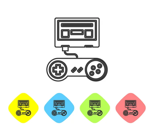 Línea gris Videoconsola con icono de joystick aislado sobre fondo blanco. Establecer iconos en los botones de rombo de color. Ilustración vectorial — Archivo Imágenes Vectoriales