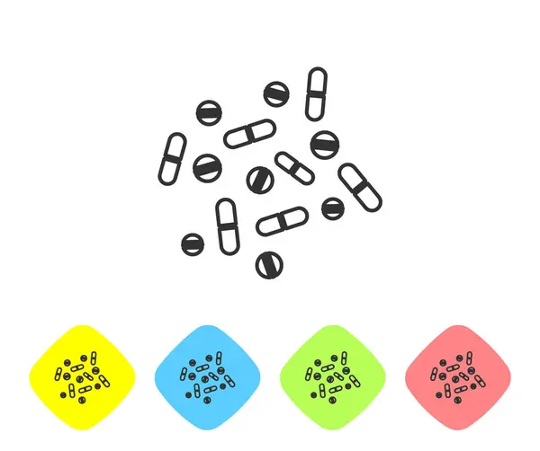 Γκρι γραμμή φάρμακο χάπι ή δισκίο εικονίδιο απομονώνονται σε λευκό φόντο. Χάπι καψακίου και σημάδι ναρκωτικών. Σχεδιασμός φαρμακείου. Ορισμός εικονιδίων σε χρωματιστά κουμπιά ρόμβου. Εικονογράφηση διανύσματος — Διανυσματικό Αρχείο