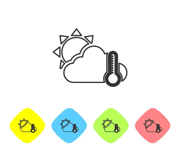 Termómetro de línea gris y nube con icono de sol aislado sobre fondo blanco. Establecer iconos en los botones de rombo de color. Ilustración vectorial — Vector de stock
