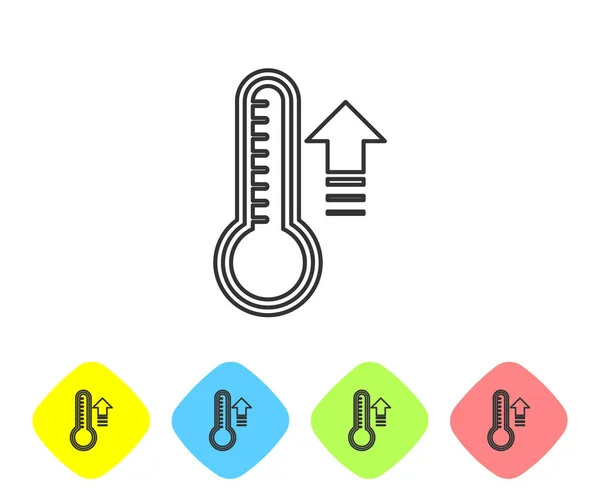 Graue Linie Meteorologie Thermometer zur Messung von Hitze und Kälte Symbol isoliert auf weißem Hintergrund. Thermometerausrüstung, die heißes oder kaltes Wetter zeigt. setzen Sie Symbole in farbigen Rautenknöpfen. Vektorillustration — Stockvektor