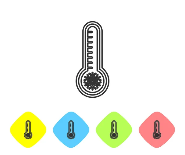 Grå linje Meteorologi termometer mäta värme och kall ikon isolerad på vit bakgrund. Termometerutrustning som visar varmt eller kallt väder. Ställ ikoner i färg romb knappar. Vektor Illustration — Stock vektor