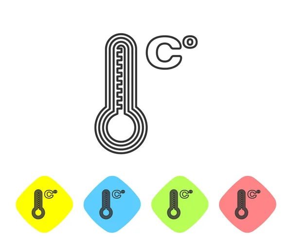 Gri çizgi Meteoroloji termometresi beyaz arka planda izole edilmiş ısı ve soğuk ikonu ölçüyor. Sıcaklık Celsius. Renkli eşkenar dörtgen düğmelerine simgeleri yerleştir. Vektör İllüstrasyonu — Stok Vektör