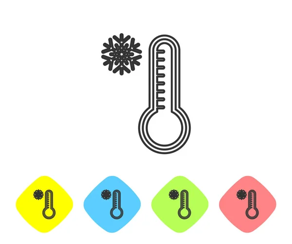 Linha cinza Termômetro de meteorologia medindo calor e ícone frio isolado no fundo branco. Equipamento termômetro mostrando clima quente ou frio. Definir ícones em botões de losango de cor. Ilustração vetorial —  Vetores de Stock