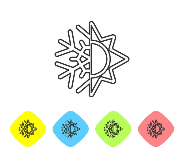 Γκρίζα γραμμή Hot and cold σύμβολο. Ήλιος και νιφάδες χιονιού απομονώνονται σε λευκό φόντο. Χειμερινό και καλοκαιρινό σύμβολο. Ορισμός εικονιδίων σε χρωματιστά κουμπιά ρόμβου. Εικονογράφηση διανύσματος — Διανυσματικό Αρχείο