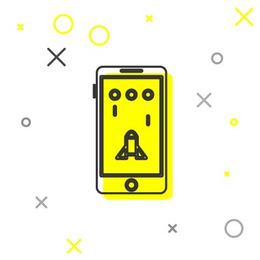 Gri çizgi Akıllı Telefon ve oyun simgesinde oynamak beyaz arkaplanda izole edilmiş. Mobil oyun konsepti. Vektör İllüstrasyonu