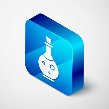 Beyaz zemin üzerinde iksir ikonu olan Isometric Glass şişesi. Bilgisayar oyunu varlığı. Mavi kare düğme. Vektör İllüstrasyonu