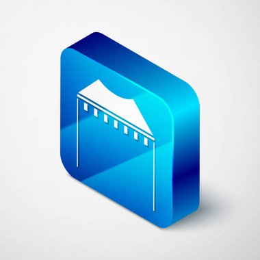 Beyaz arkaplanda izole edilmiş Isometric Kamp çadırı simgesi. Karnaval kamp çadırı. Eğlence parkı. Mavi kare düğme. Vektör İllüstrasyonu