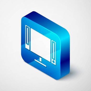 Isometric Smart TV simgesi beyaz arkaplanda izole edildi. Televizyon tabelası. Mavi kare düğme. Vektör İllüstrasyonu