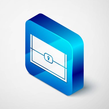 Oyun simgesi için Isometric Chest beyaz arkaplanda izole edildi. Mavi kare düğme. Vektör İllüstrasyonu