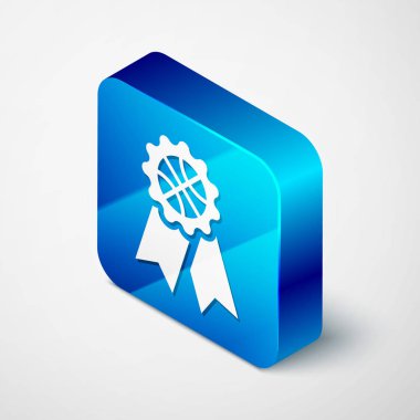 Beyaz arka planda izole edilmiş Isometric Basketbol ödülü ikonu. Mavi kare düğme. Vektör İllüstrasyonu