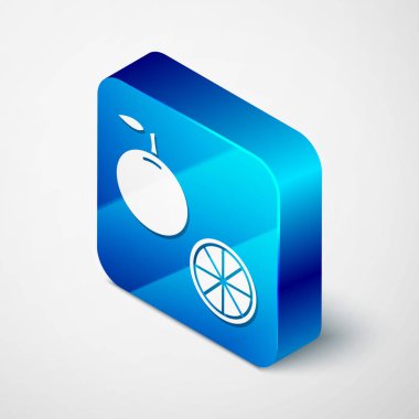 Isometric Orange meyve ikonu beyaz arkaplanda izole edildi. Mavi kare düğme. Vektör İllüstrasyonu