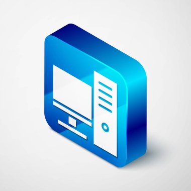 Isometric Bilgisayar monitörü simgesi beyaz arkaplanda izole edildi. Bilgisayar bileşeni işareti. Mavi kare düğme. Vektör İllüstrasyonu
